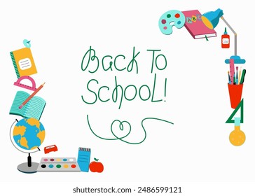 Frame Stationery, accessories for study, school. Hand lettering Back to school. Set of supplies for study, education. Place for text, information banner. Background isolated.