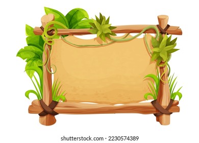 Frame from sticks, parchment decorated with grass and liana, jungle leaves in comic cartoon style isolated on white background. Border, jungle panel textured and detailed. Game asset, menu