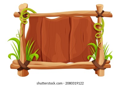 Frame from sticks, wooden planks decorated with grass and liana in comic cartoon style isolated on white background. Border, jungle panel textured and detailed. Game asset, menu