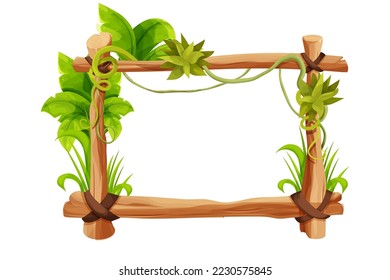 Frame from sticks, wooden planks decorated with grass and liana, jungle leaves in comic cartoon style isolated on white background. Border, jungle panel textured and detailed. Game asset, menu