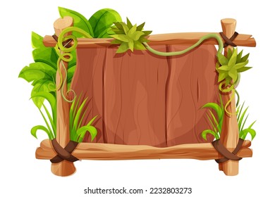 Frame from sticks, wooden planks decorated with grass and liana, jungle leaves in comic cartoon style isolated on white background. Border, jungle panel textured and detailed. Game asset, menu