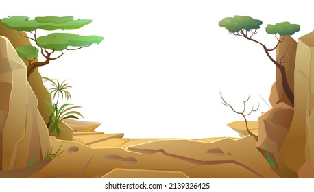 Marco con acantilados de piedra y árboles. Paisaje del campo sur. Genial estilo de las caricaturas. Aislado sobre fondo blanco. Vector.
