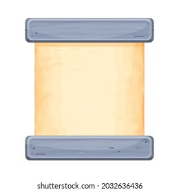Frame with stone and parchment in cartoon style isolated on white background. Ancient empty decoration. Ui game asset, menu design. Medieval signboard, blank. 