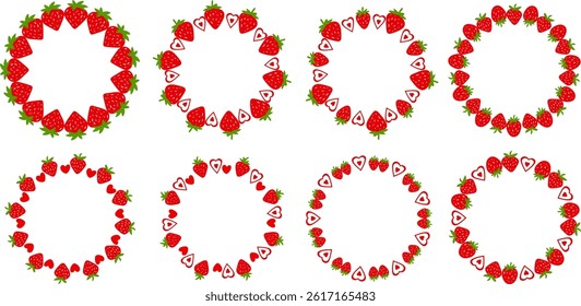 Frame of strawberry berries. Bright red berries with green leaves forming a decorative border. Isolated on white background. Ideal for organic food packaging, vector