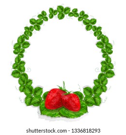 Frame of strawberry leaves with berries of juicy strawberries. Vector illustration.
