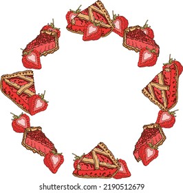 A frame of strawberry pies and berries with an outline. Red, strawberry slices, pie pieces, eps ready to use. For your design