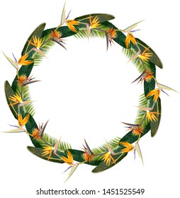 Frame with Strelitzia Reginae, orange tropical flower bouquets. Green leaves, orange and violet blossom design set. Vector illustration.