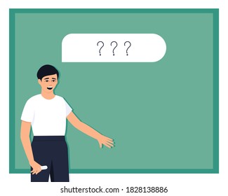 Frame with a student at the blackboard. The student does not know how to answer the question. There is room for your text on the board. Flat vector illustration.