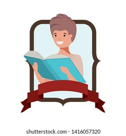 frame with student boy and reading book