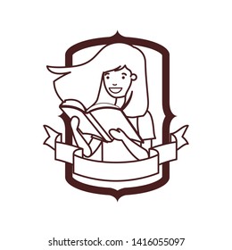 frame with student girl and reading book