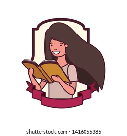 frame with student girl and reading book