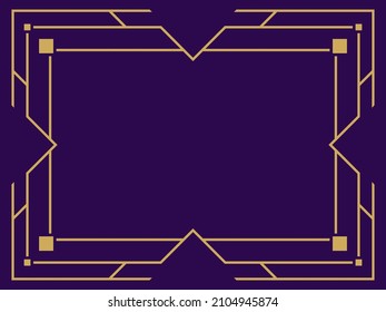 Frame in the style of art deco gold color on a purple background. Vintage linear border. Design a template for invitations, leaflets and greeting cards. Style of the 1920s - 1930s. Vector illustration