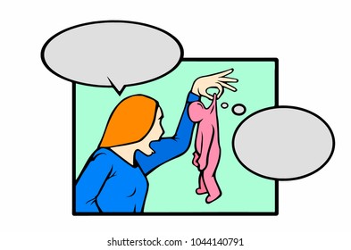 frame in the style of comics with empty conversational clouds. A girl is holding by the collar a character representing a man. Vector illustration.