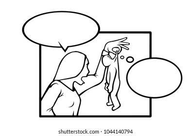 frame in the style of comics with empty conversational clouds. A girl is holding by the collar a character representing a man. Vector illustration.