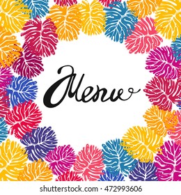 Frame of stylish elements: menu lettering and palm leaf. Sketch for floral rustic eco decoration autumn celebration, greeting card or banner.