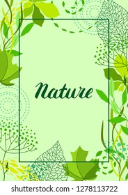 Frame of stylized green leaves for greeting cards. Nature illustration.