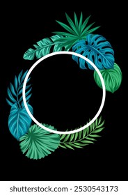 Frame with stylized palm leaves. Decorative image of tropical foliage and plants.