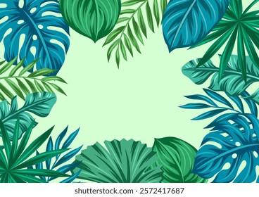 Frame with stylized palm leaves. Decorative image of tropical foliage and plants.