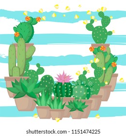 Frame. Succulent and cactus in a pot, the composition. Vector illustration.