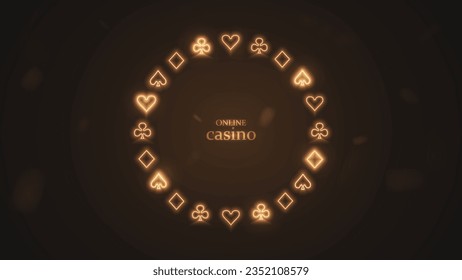 A frame with suits of cards for poker diamonds, crosses, spades and hearts in gold on a black background. A concept for a casino.