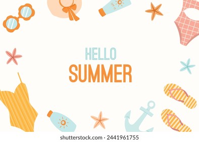 Frame of summer beach accessories with hello summer phrase or place for text. Summer invitation, background, banner, card, promotion, sale. Summer swimwear, glasses, sunscreen, flip flops, hat