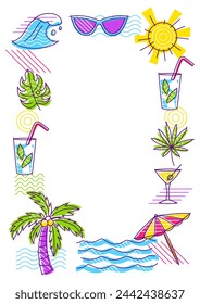 Frame with summer items. Stylized beach objects.