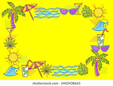 Frame with summer items. Stylized beach objects.