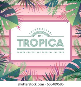 Frame with summer tropical leaves on wood planks background. Vector illustration.
