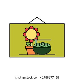 Frame of sunflower and noodle Illustration. modern simple vector icon, flat graphic symbol in trendy flat design style. wallpaper. lockscreen. pattern. frame, background, backdrop, sign, logo.