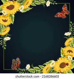 Frame with sunflowers and butterflies.Vector illustration with sunflowers, butterflies and a frame on a gradient background.