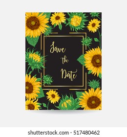 Frame with sunflowers. Collection decorative floral design elements. Save the date, wedding invitations, baby shower or birthday cards. Vintage hand drawn vector illustration in watercolor style.