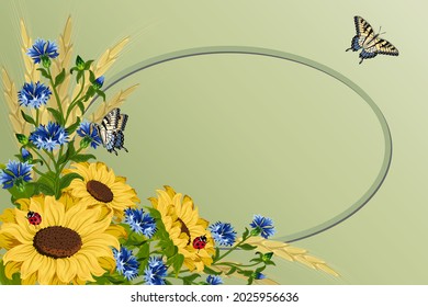Frame with sunflowers and cornflowers.Sunflowers, cornflowers, butterflies and frame on a colored background in vector illustration.