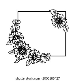 Frame with sunflowers or daisy flowers on white background. Design element. Vector illustration.