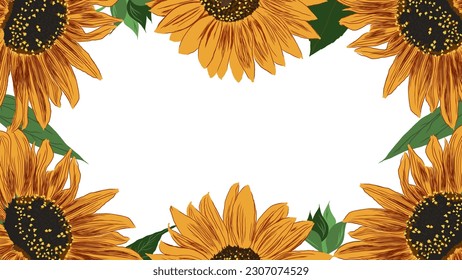 Frame of Sunflowers and Leaves. Bright Colorful artistic Border with Flowers. Hand Drawing Floral Illustration. Element for different social media design. Vector Illustration Isolated on White.