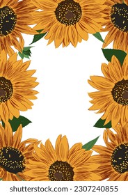 Frame of Sunflowers and Leaves. Bright Colorful artistic Border with Flowers. Hand Drawing Floral Illustration. Element for different social media design. Vector Illustration Isolated on White.