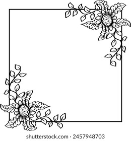 Frame with sunflowers and leaves on black and white. Vector illustration.	