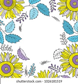 Frame of sunflowers and leaves on a white background