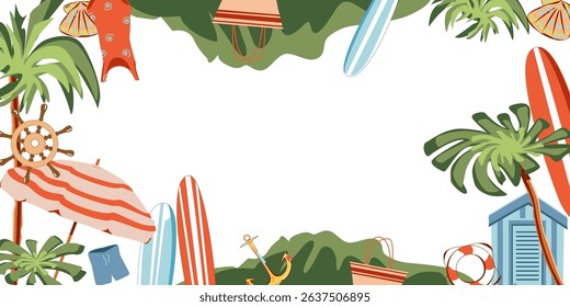Frame with surfboard, palms, lifebuoy, beach hut, steering wheel, beach umbrella, shorts. Vector art. Sea elements for greeting cards, decoration, magazines, banners, menu, patterns and designs