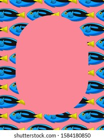 Frame with Surgeonfish pattern. Oval place for text. Pink background, vector.