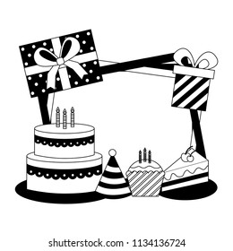 frame with sweet cake and accessories of party