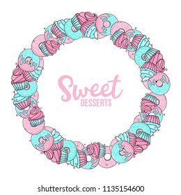 A frame of sweet desserts. Blue and pink donuts, cakes, confetti in the form of stars. Vector illustration. For the design of the menu, corporate identity, business cards, paper.