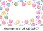 Frame with sweet heart candy. Sweetheart candies background, conversation sweets for valentines day, valentine sugar food hearts. Heart shape message letter candy background