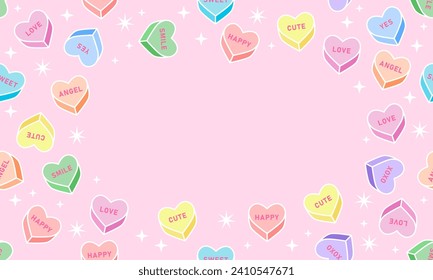 Frame with sweet heart candy. Sweetheart candies background, conversation sweets for valentines day, valentine sugar food hearts. Heart shape message letter candy background