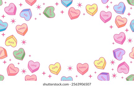 Frame with sweet heart candy. Sweetheart candies background, conversation sweets for valentines day, valentine sugar food hearts. Heart shape message letter candy background