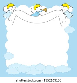 Frame with sweet little angels in blue color.