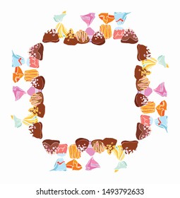 Frame of sweets and candies on a white background