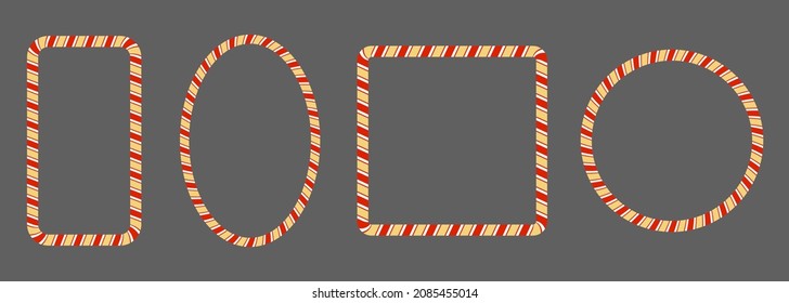 Frame of sweets candy cane. Set classic of red gold borders. Vector isolated flat design.