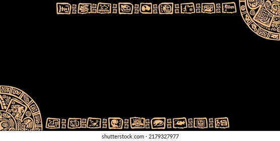 Frame of symbols, letters, and images of the calendar of the ancient Mayan and Aztec civilizations
The Mayan alphabet.Ancient signs of America on a black background.