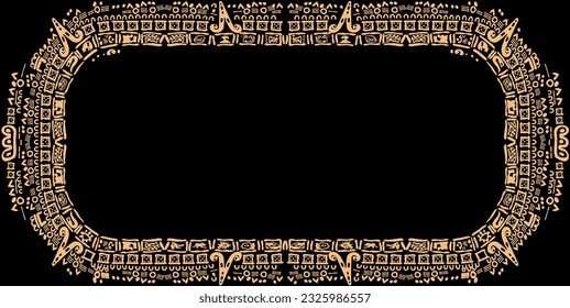 Frame of symbols, letters, and images of the calendar of the ancient Mayan and Aztec civilizations. 
The Ancient signs of America on a black background.