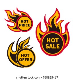 Frame, tag, banner, badge, hot sales, price, offer. Burning round label. Vector illustration